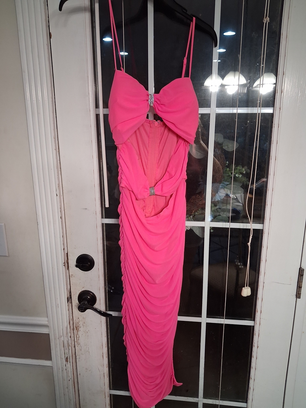 Fashion Nova Neon Pink Cutout Ruched Maxi Dress with Bow Accent